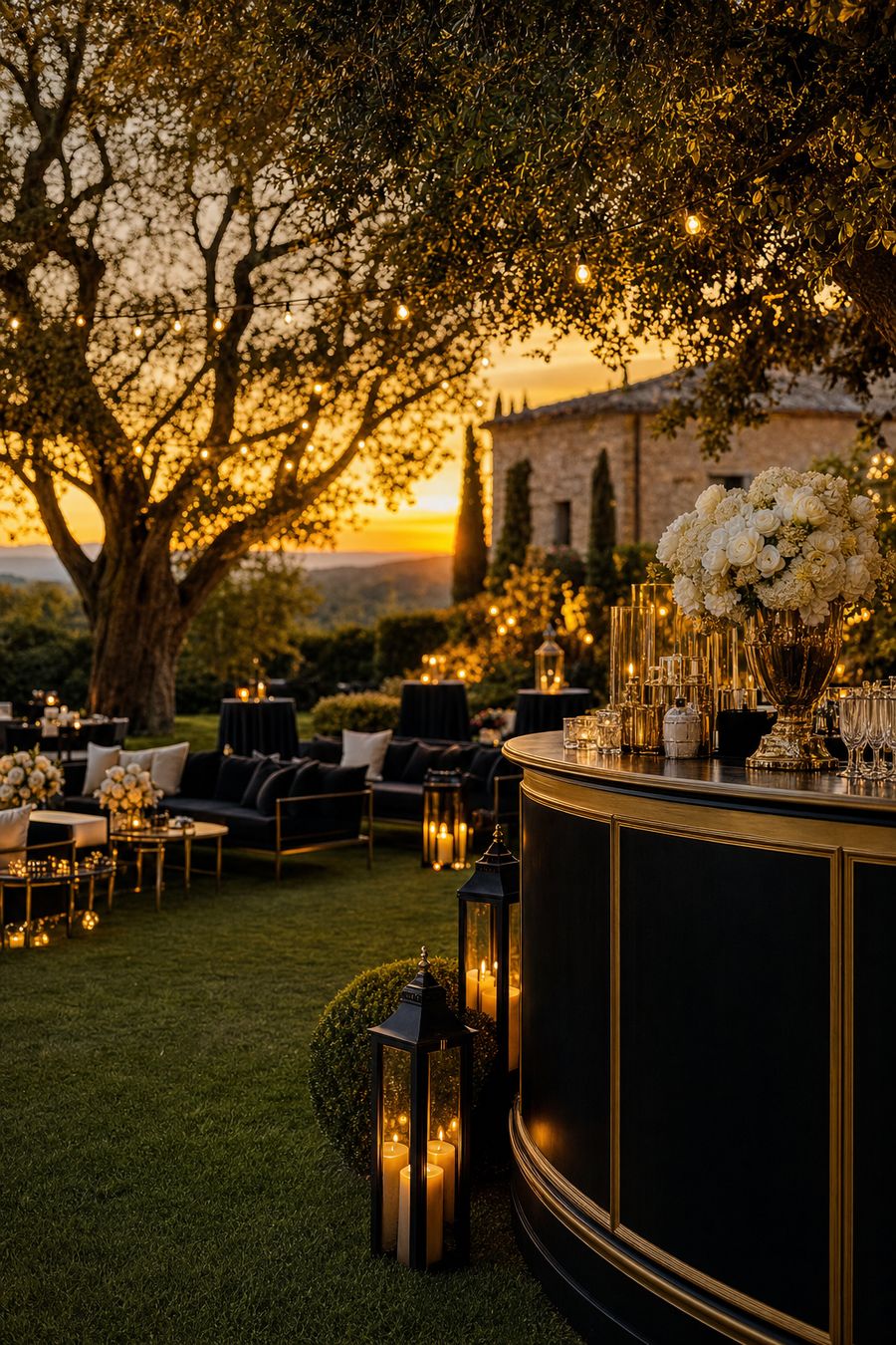 Bancone da bar in un giardino al tramonto